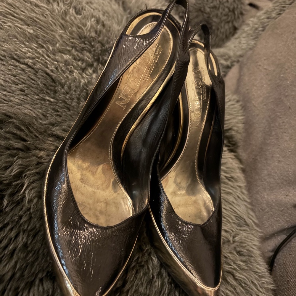 McQueen Black and Gold Slingback Heels